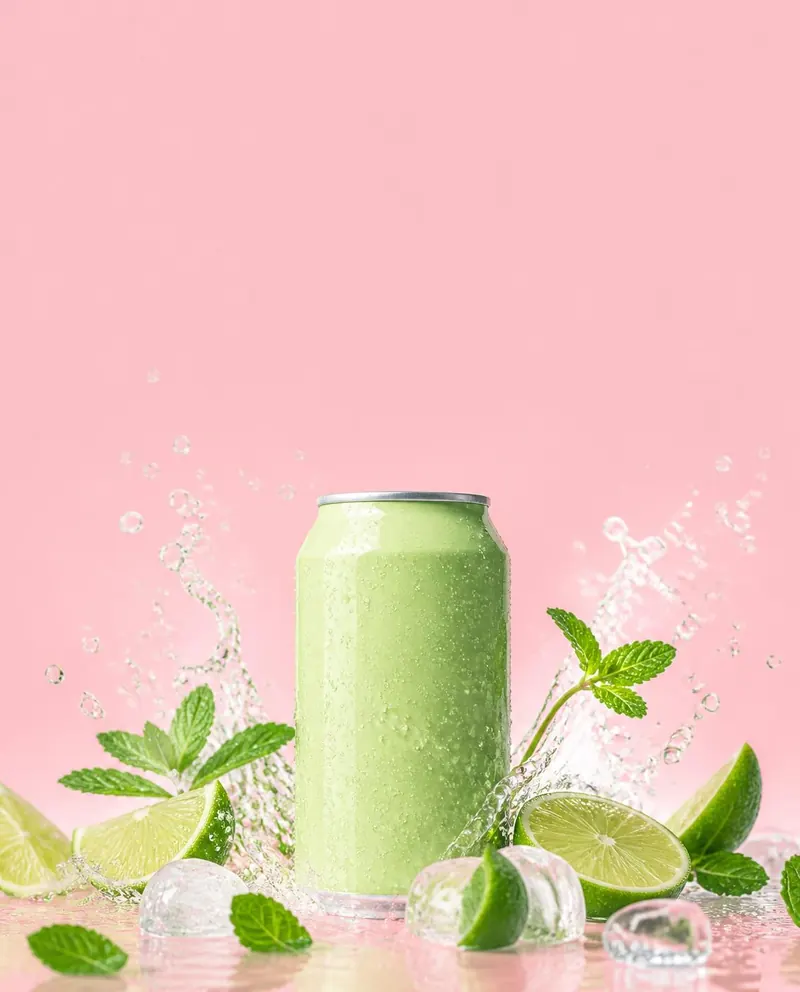 Green drink can with lime, mint and a water splash