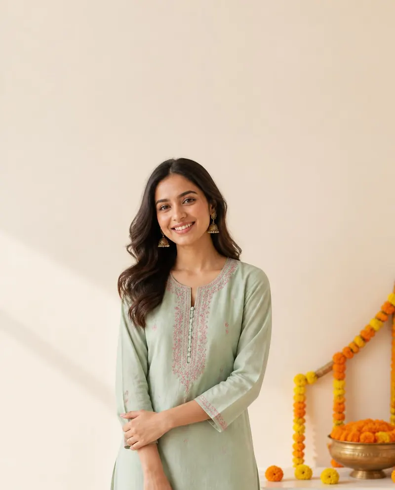 Woman in a sage green kurta with marigold flowers
