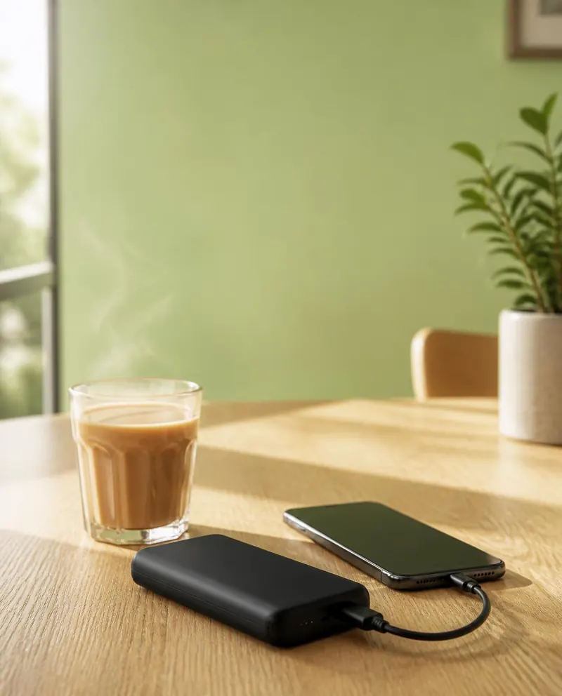 Black power bank charging a phone beside a glass of chai