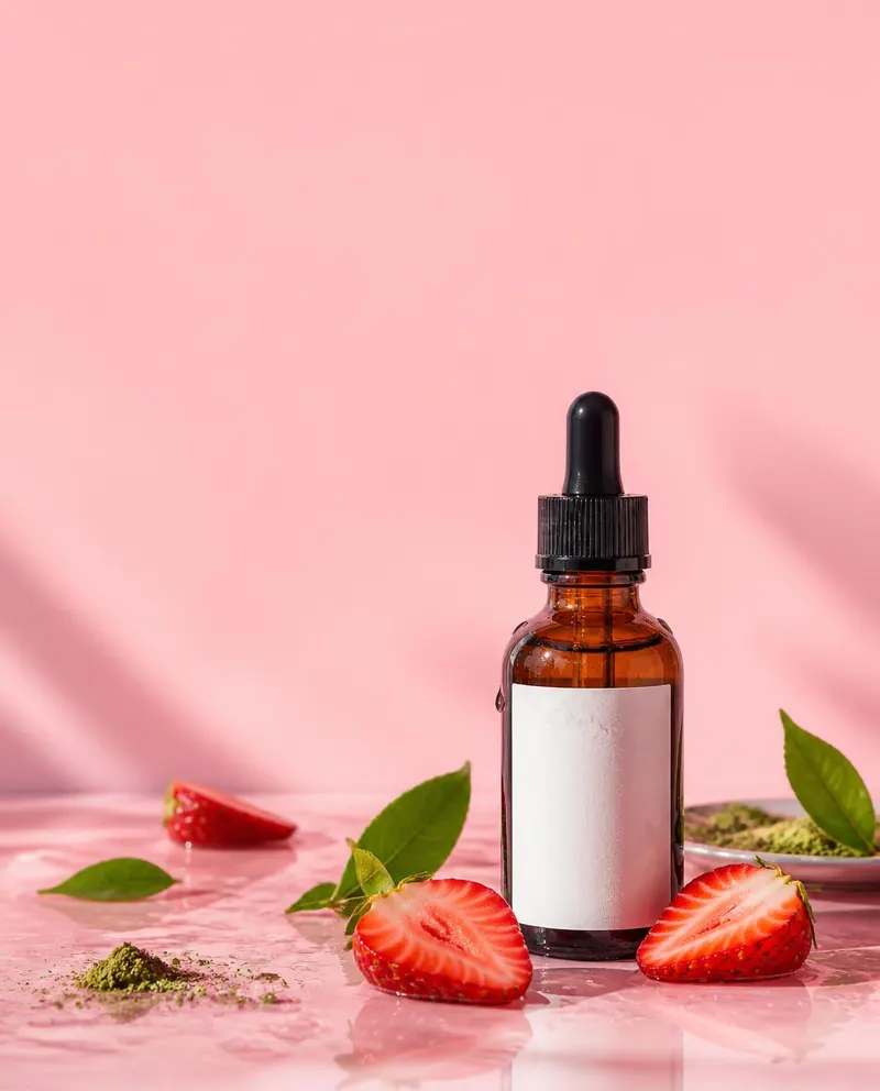 Amber serum bottle on a pink set with fresh strawberries